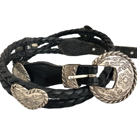 Vintage Accessories - Vintage Black Leather Double Braided Boho Western Concho Belt